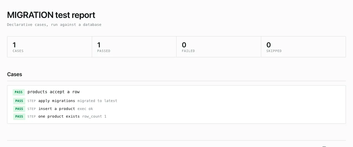 A migration test report showing one case passed and all three steps passed.